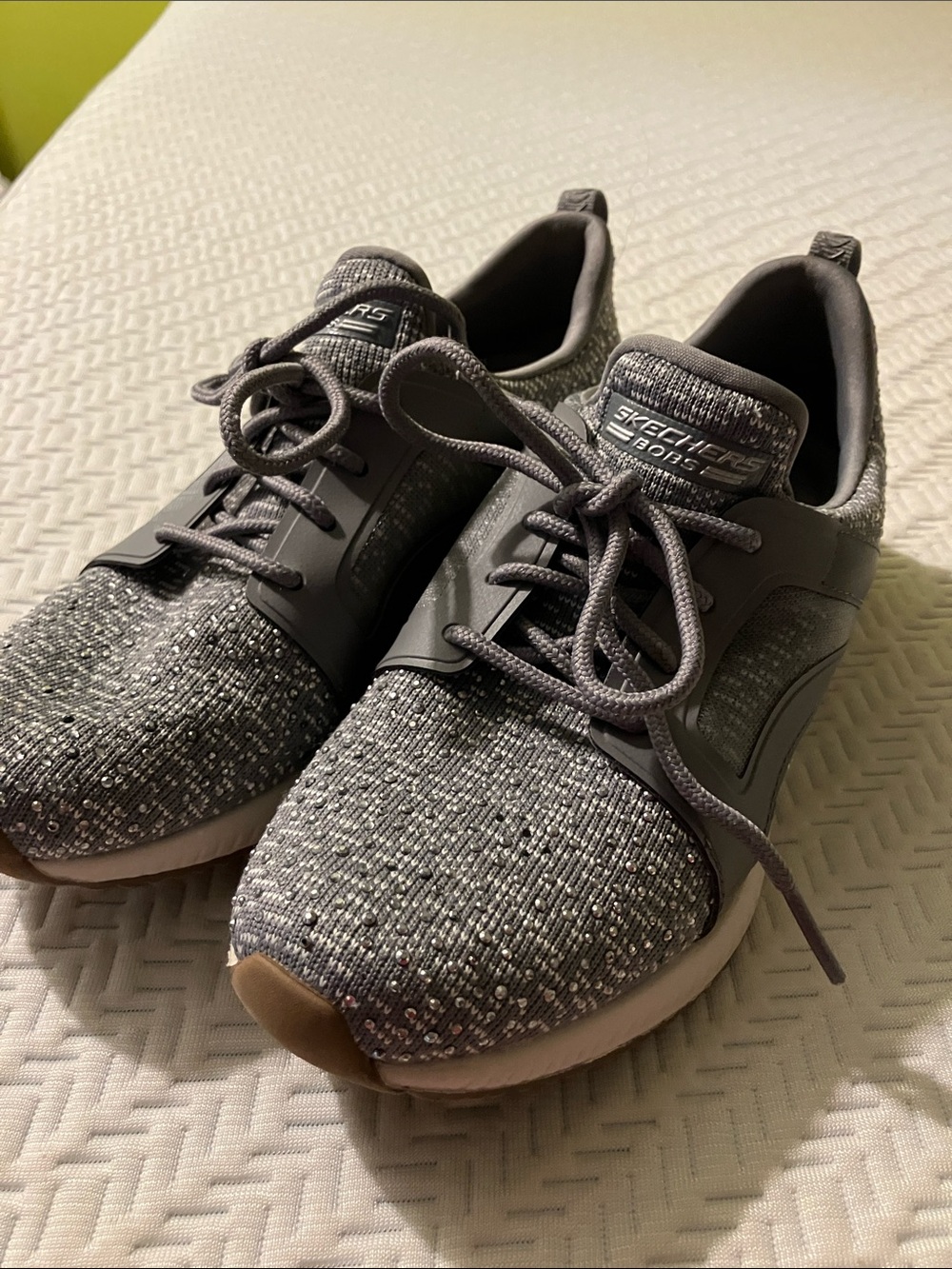 Skechers Gray Knit Lace-Up Athletic Sneakers “Bobs” with sparkle